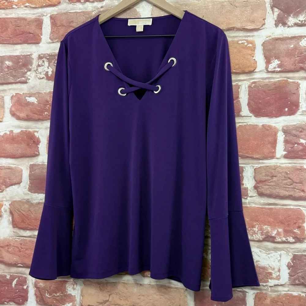 Michael Kors Top Women's XL Purple Lace Up Bell Sleeve Casual Stretchy Shirt - Picture 3 of 8
